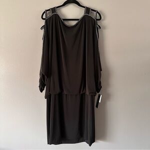 Betsy &‎ Adam Vintage Midi Dress | Cold Shoulder Drop Waist | Rhinestone | Black